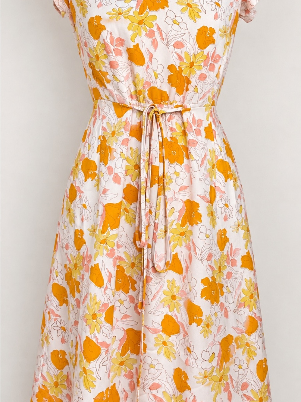 Floral Tie-Waist Summer Dress in Orange, yellow and pink